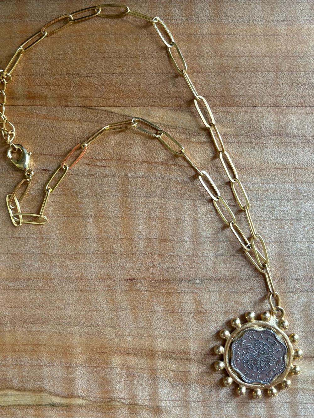 Susan Shaw Gold-Tone Sunburst Coin Pendant Paperclip Chain Necklace